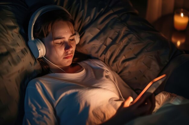 A person lying in bed, eyes closed, wearing headphones, listening to ASMR content on a tablet, with a serene expression on their face. The room is dimly lit with soft, warm light.