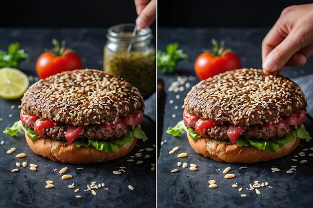 A side-by-side comparison of a traditional beef burger and a plant-based burger, highlighting their visual similarities and differences. Nutritional information labels are partially visible to suggest a comparison of their nutritional profiles.