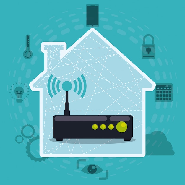 A stylized image of a home Wi-Fi router with a shield around it, symbolizing network security. Include icons representing connected smart home devices in the background.