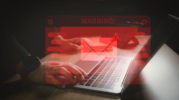 A close-up of a suspicious email with highlighted areas indicating common phishing indicators such as poor grammar, urgent requests, and mismatched sender addresses.