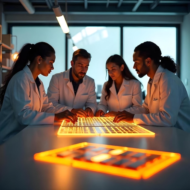 A diverse group of scientists and engineers collaborating in a high-tech lab, working on AI algorithms and hardware. The scene emphasizes innovation, teamwork, and the advanced technology used in AI development.