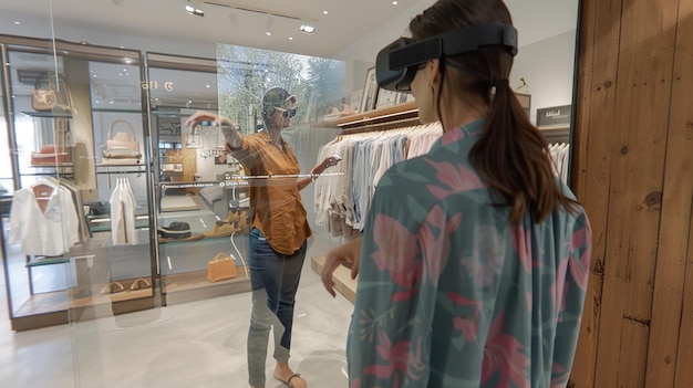 A futuristic scene of people using augmented reality (AR) glasses to scan products in a virtual store, with digital coupons and discount information overlaid on their view. The scene is brightly lit and filled with holographic displays.