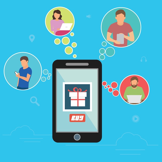 A graphic representation of a referral process: a person sharing a link via smartphone, the link leading to a product page, and both the referrer and new customer receiving reward notifications.