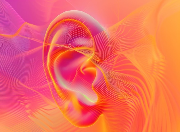 An illustration of a human ear with low-frequency sound waves entering it. The background is filled with question marks, symbolizing the mystery surrounding the Hum.