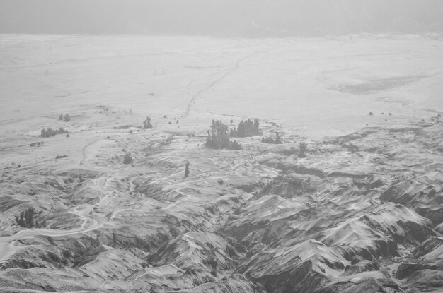A photograph of the Dyatlov Pass incident memorial, showing nine markers in a snowy, mountainous landscape, each representing one of the deceased hikers, under a gray sky.