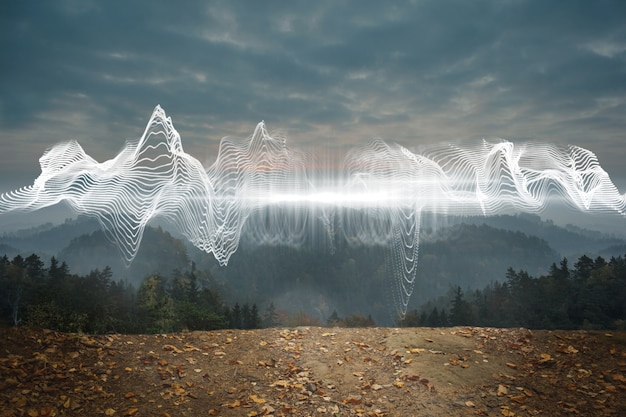 A digitally rendered image depicting infrasound waves emanating from a mountain range, with hikers in the foreground looking distressed and disoriented.