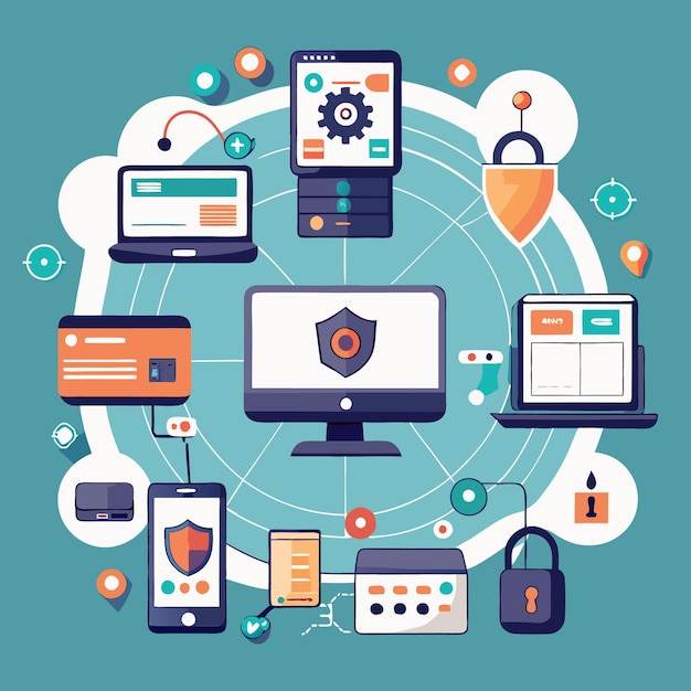 A graphic illustration showing various devices (laptop, smartphone, tablet) connected to a central hub with warning signs around them, symbolizing cybersecurity threats targeting consumers.