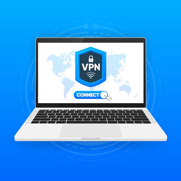 A laptop screen displaying a VPN interface with a prominent kill switch activated, showing an alert message about a dropped connection and the VPN automatically blocking internet access to protect the user's data. The background is a blurred image of someone working remotely in a public space.