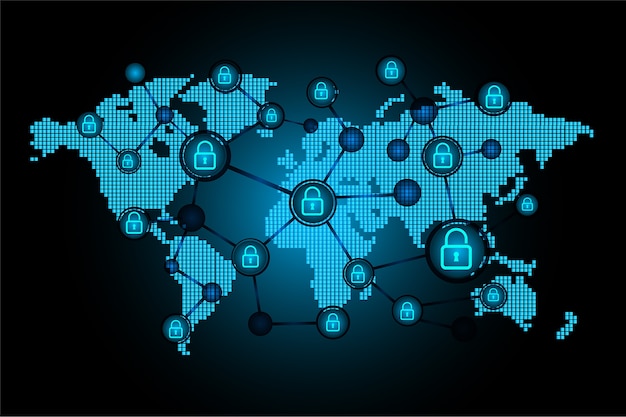 A world map with interconnected server icons, highlighting the global reach of a VPN network. The map is overlaid with glowing lines representing data transmission routes.