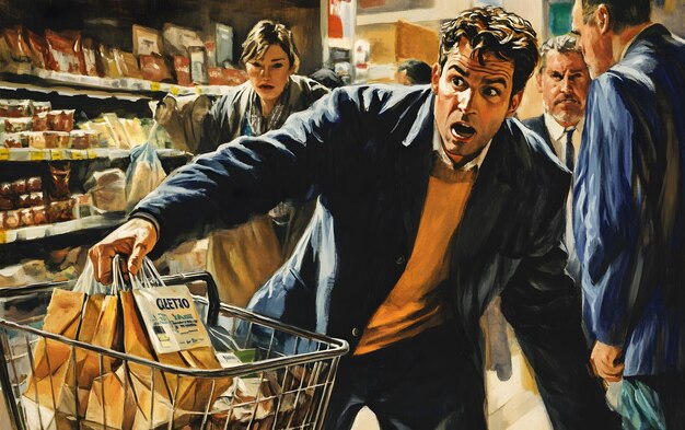 A split-screen image showing a stressed person pushing a shopping cart in a crowded grocery store on one side, and a relaxed person browsing groceries on a laptop at home on the other side.