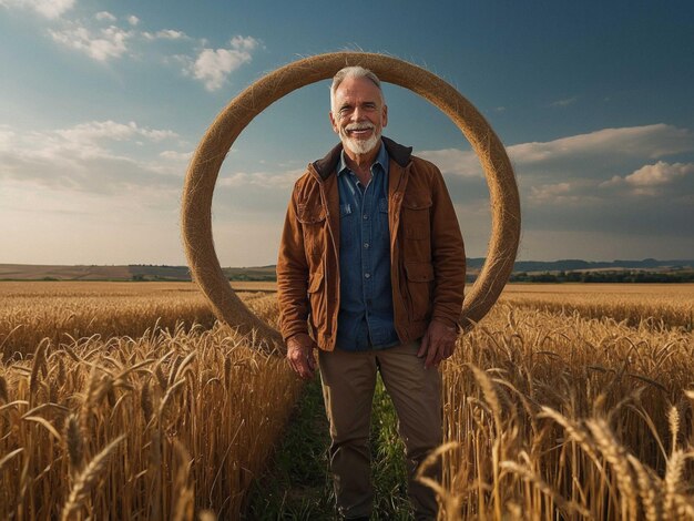 A farmer standing at the edge of a crop circle, looking out at the intricate design with a mix of curiosity and concern on their face.